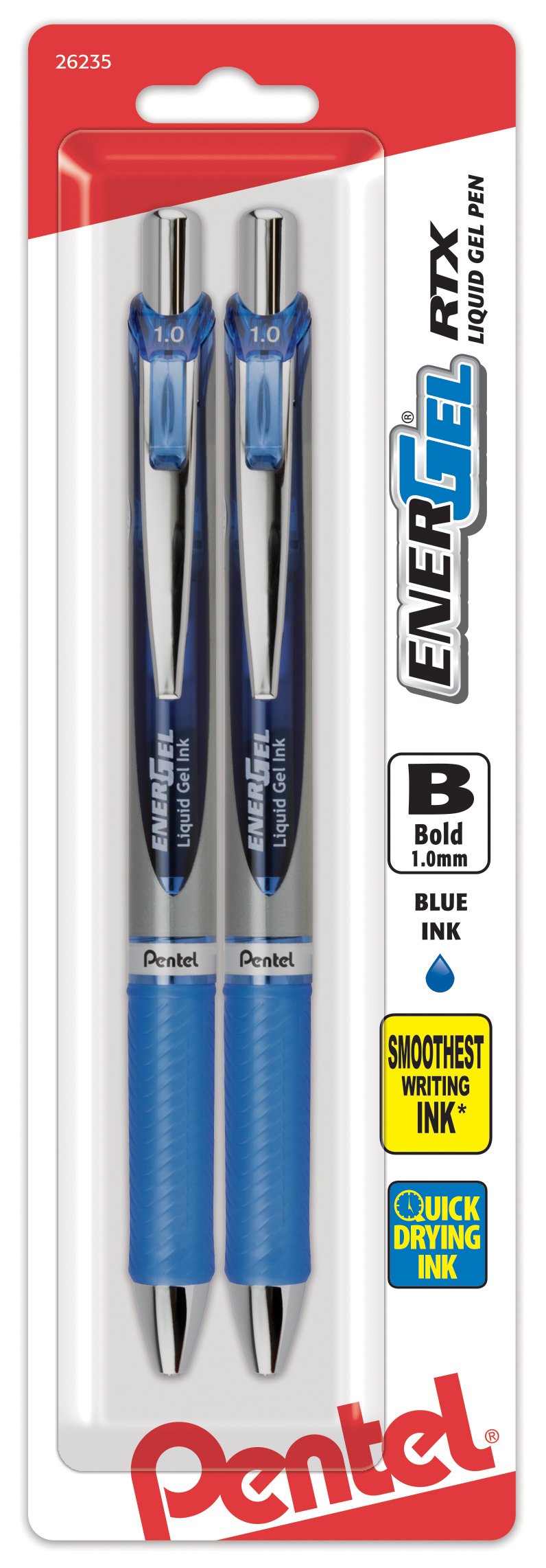 Pentel Energel RTX Retractable Liquid Gel Pen, Bold Line, Metal Tip, Blue Ink Pack of 2 (BL80BP2C)