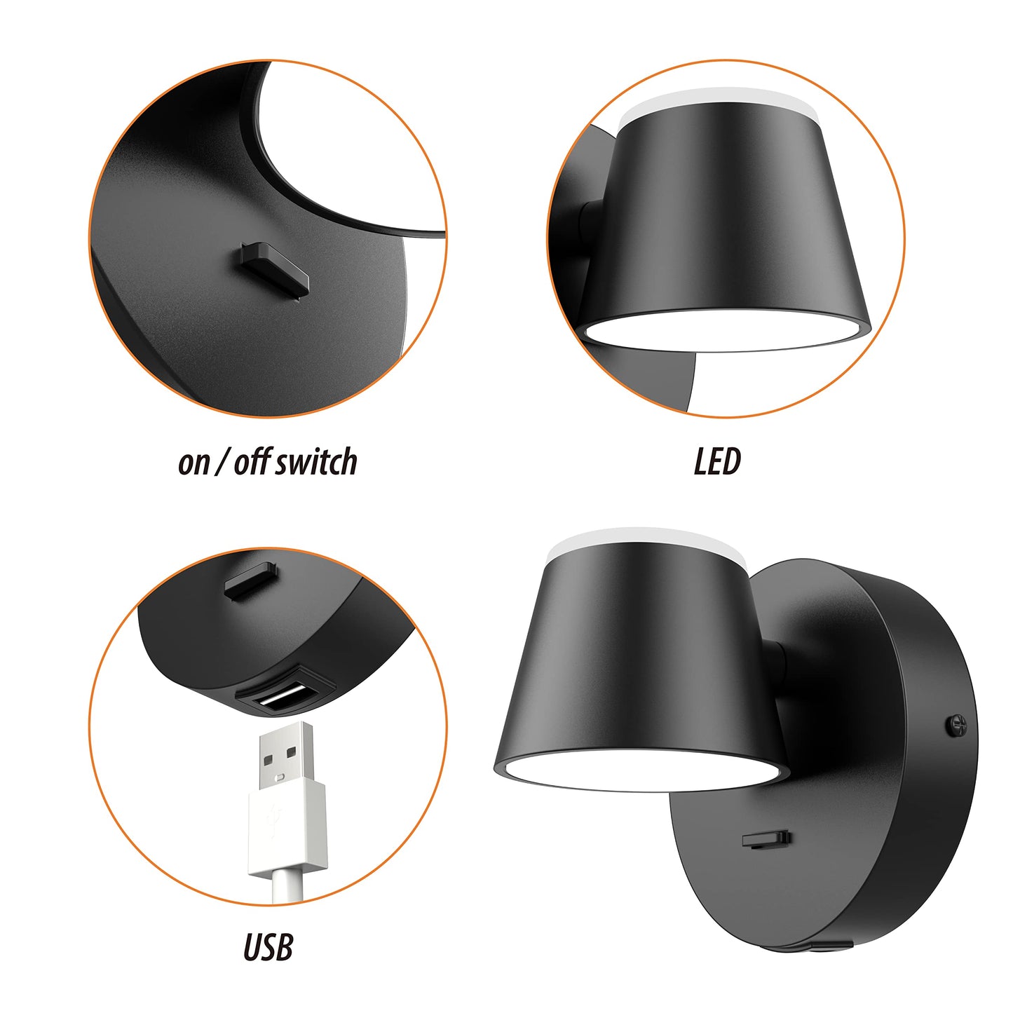 URSOLA Wall Light Set of Two, LED Wall Sconce with On/Off Switch USB Charging Port 110 Volt Hardwired Wall Lamp 350 Rotatable Up Down Sconces Wall