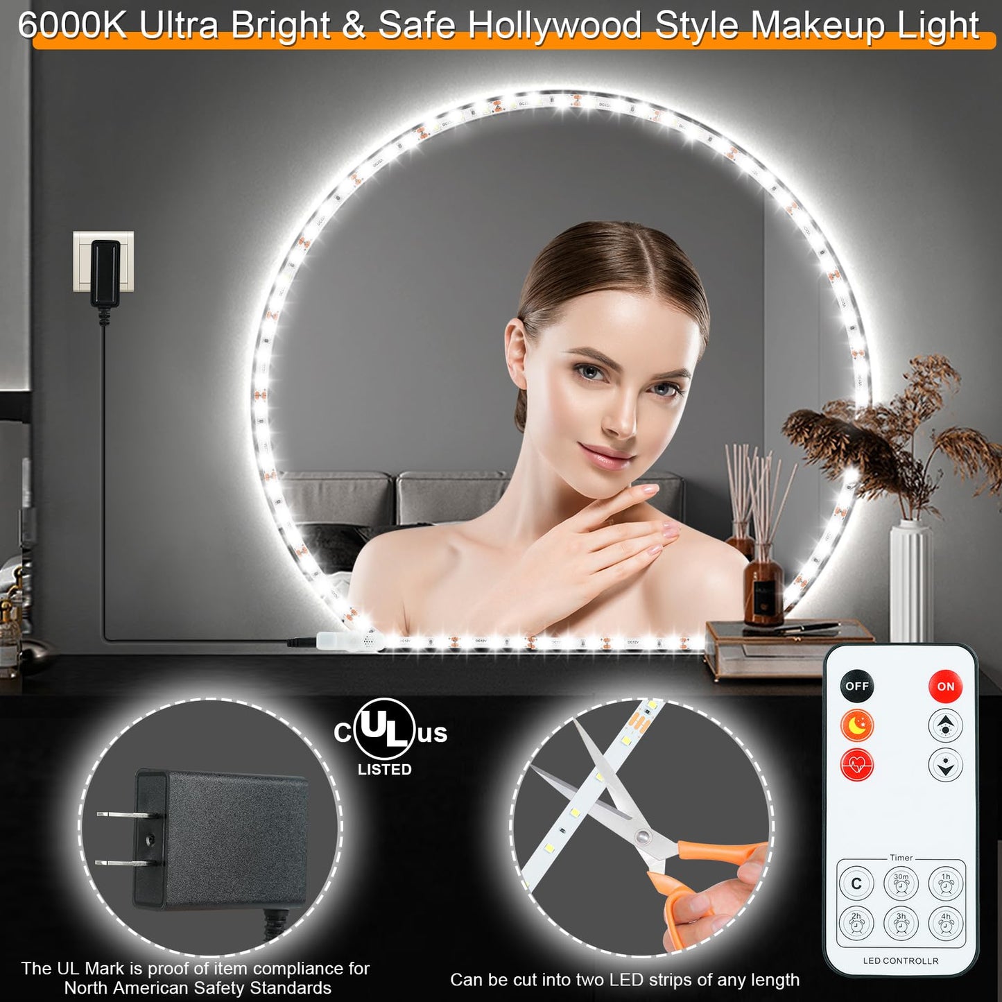 LED Vanity Mirror Lights for Makeup Dressing Table Vanity Set 13ft Flexible LED Light Strip Kit 6000K Daylight White with Dimmer and Power Supply, DIY