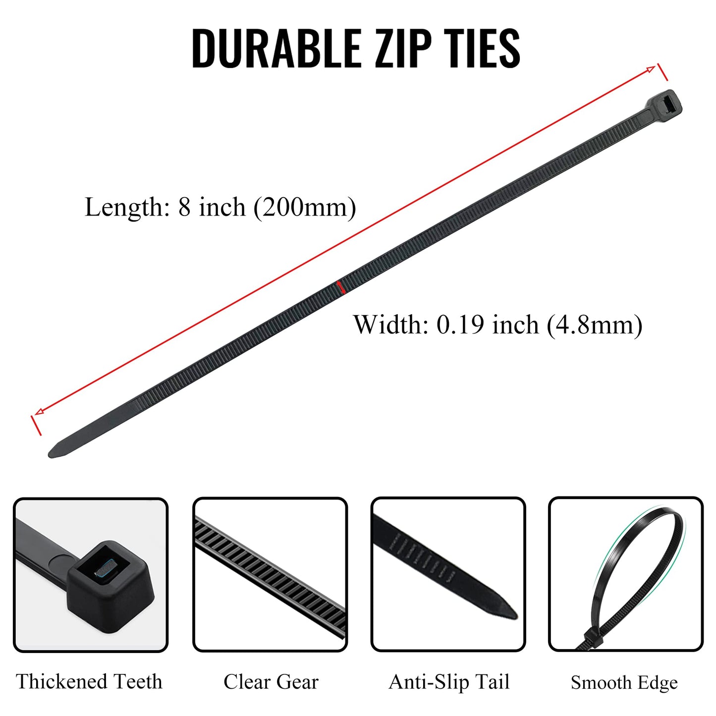 8 inch Zip Ties 1000 Pack, Black Cable Ties with 50lbs Tensile Strength, Self-Locking Plastic Wire Ties for Indoor and Outdoor Use by EMINCOUP