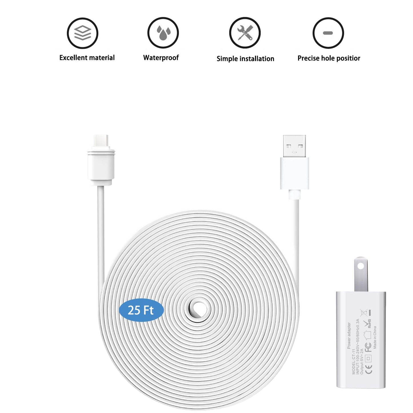 Shyueda 25ft/7.6m Weatherproof Outdoor Charging Micro-USB Head Cable for SimpliSafe Outdoor Security Camera Only (1)