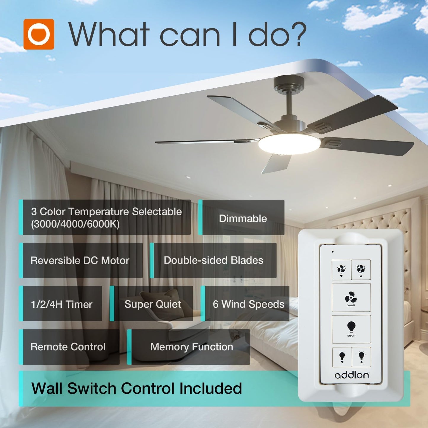 addlon 52 Inch Ceiling Fans with Lights and Remote Control, Wall Switch