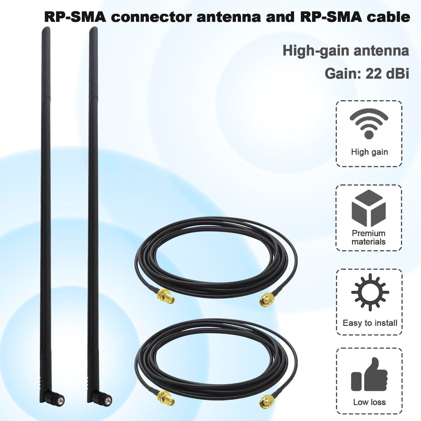 Kaunosta External WiFi Bluetooth Antenna 2 Sets - 22DBI Long Range MIMO RP-SMA Male Aerial Antenna and 10FT RP-SMA RG174 Extension Cable for Wireless