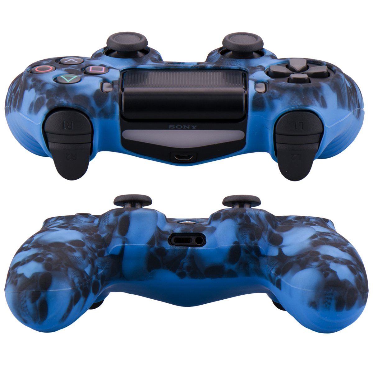 YoRHa Water Transfer Printing Skull Silicone Cover Skin Case for Sony PS4/slim/Pro Dualshock 4 Controller x 1(Blue) with Pro Thumb Grips x 8