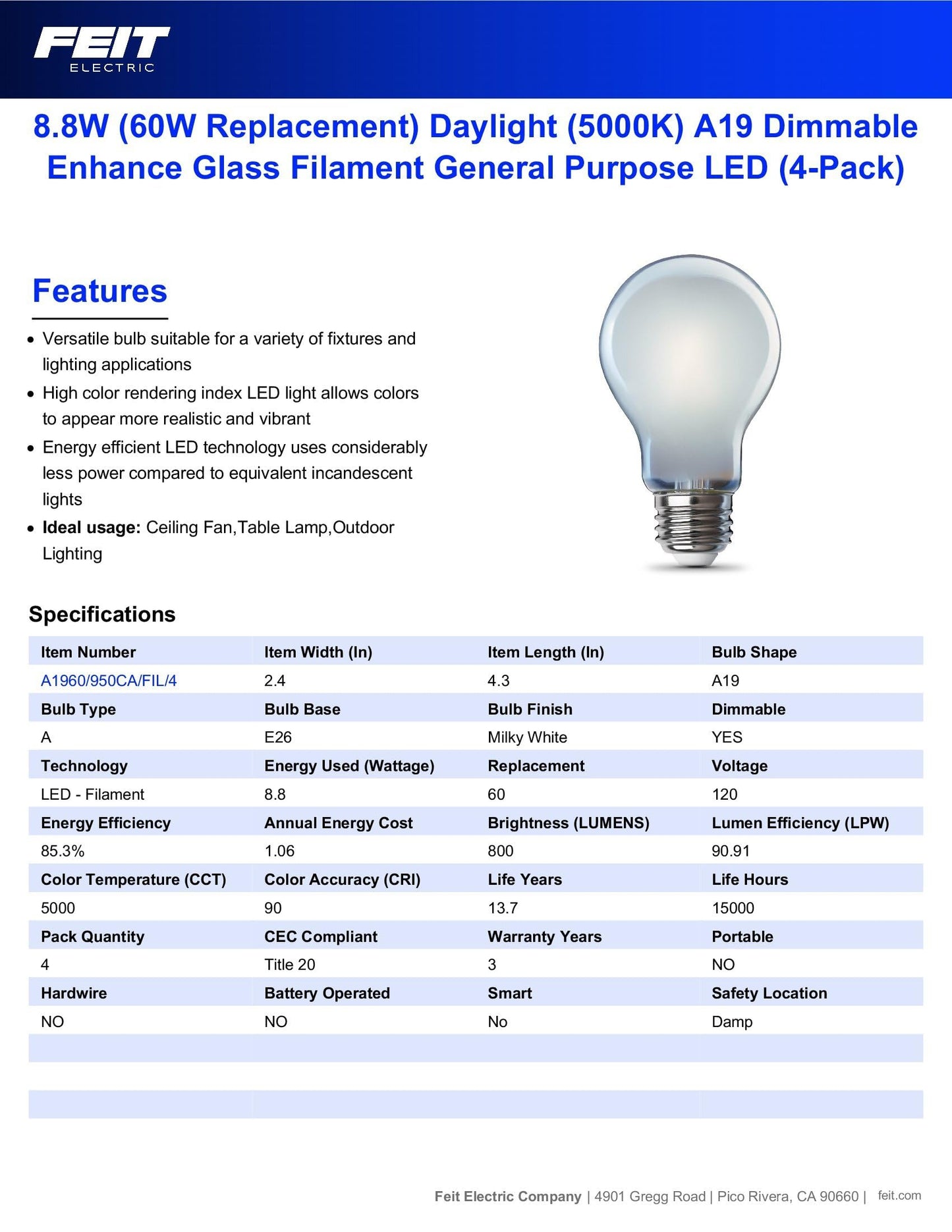 Feit Electric A19 LED Light Bulb, 60W Equivalent, Dimmable, 800 Lumens, E26 Med Base, 5000K Daylight, 90 CRI, 8.8W Standard Glass Filament Lighting