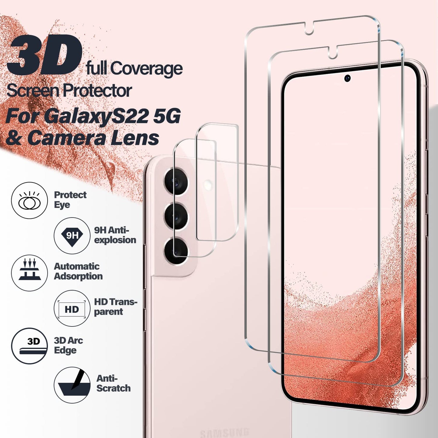 Galaxy S22 Tempered Glass Screen Protector + Camera Lens Protector [ 2 + 2 Pack ][Case Friendly] [Anti-Scratch] [Ultrasonic Fingerprint Unlock] Clear
