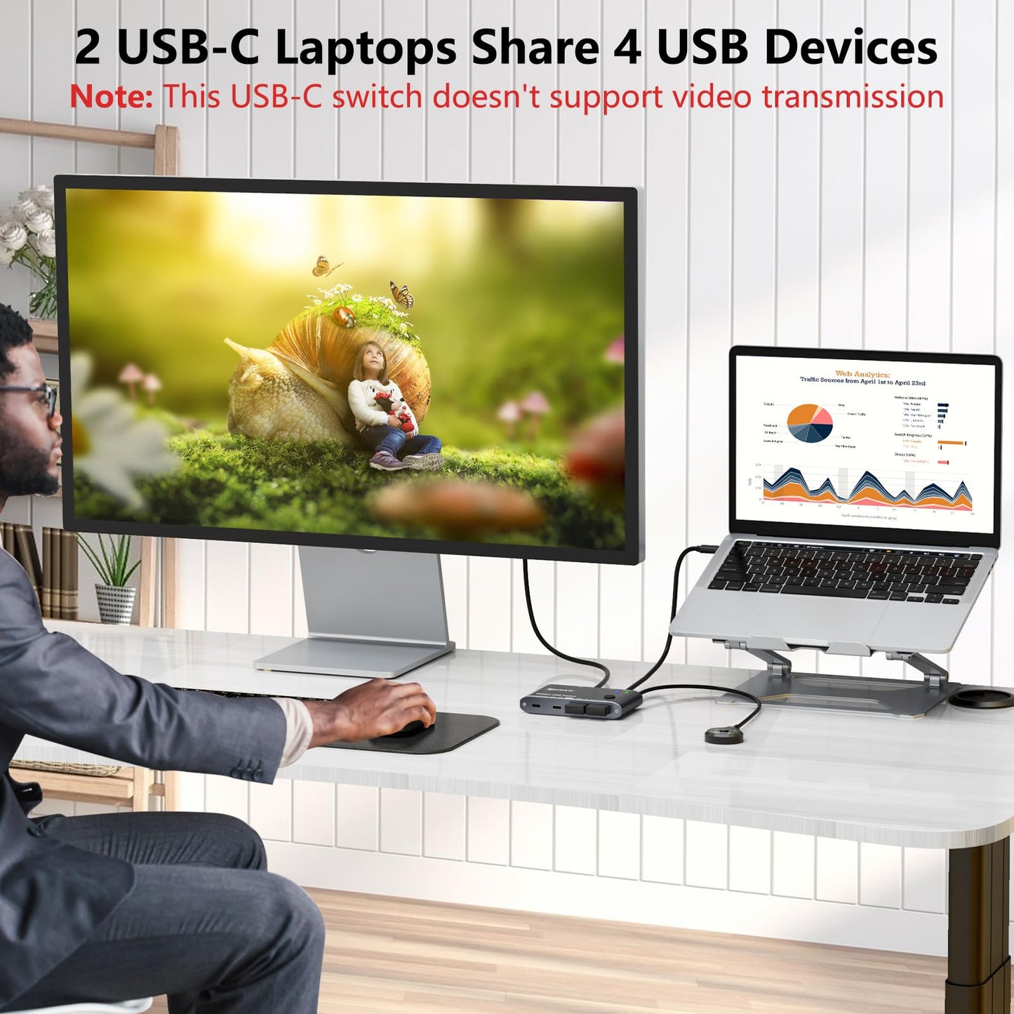 10Gbps USB C Switcher 2 Laptops Type-C Switch for Keyboard Mouse Camera Headphone Microphone, USB Switch with 10Gbps Data Cables and Wired Remote