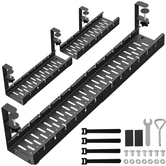 WIGAKDRU 31Inch Extendable Under Desk Cable Management Tray, Black Metal Cable Management Tray Under Desk Cord Management with Clamp, 31 Inch x 4.33