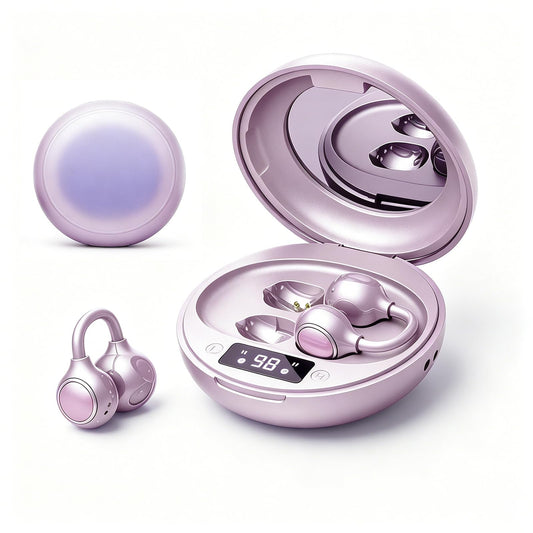 Clip-On Earbuds,Open-Ear Wireless Bluetooth 6.0 Headphones with Makeup Mirror, Secure Fit for Small Ears & Glasses Wearers, 30H Playtime,Call Noise