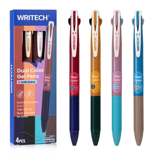 WRITECH Retractable Gel Ink Pens: Multi Colored 0.5mm Fine Point 2 in 1 Colorful Click Pen Assorted Color 4ct No Smear & Bleed for Smooth Writing