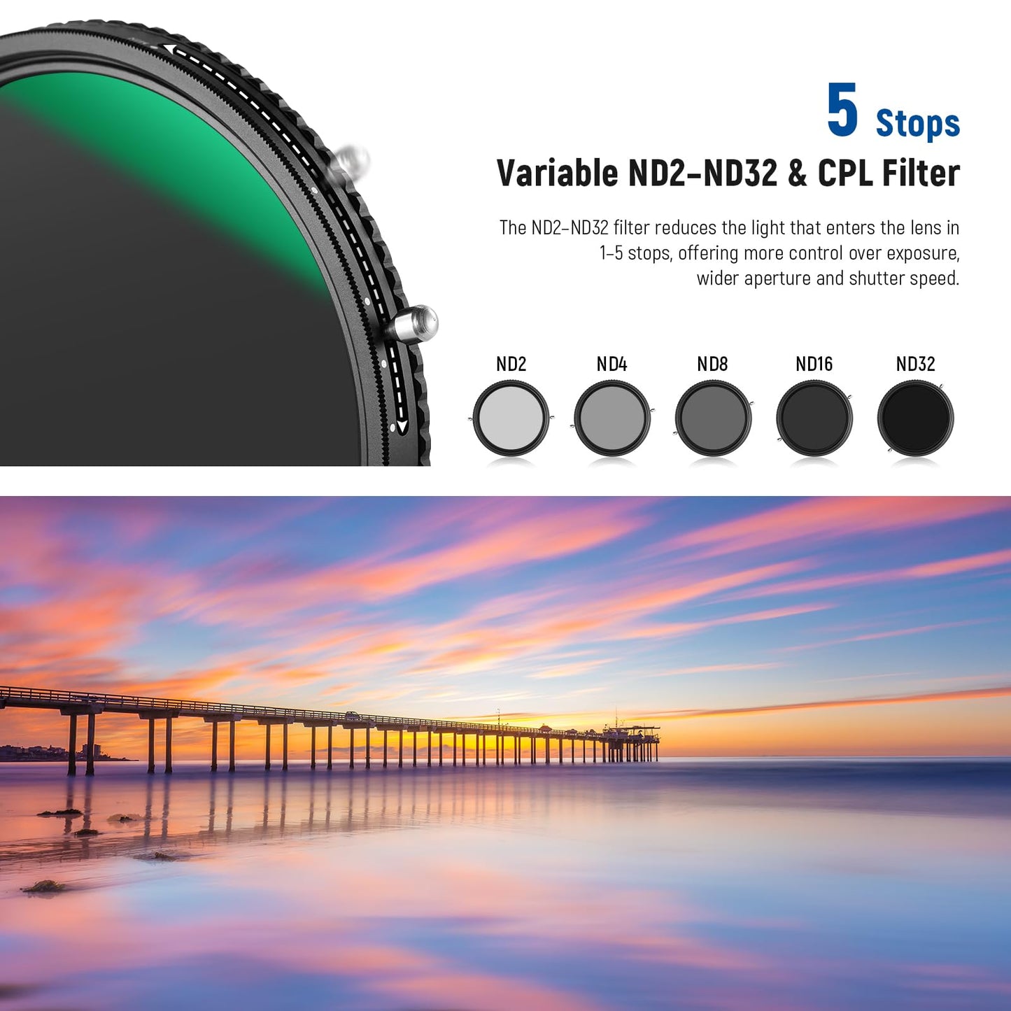 NEEWER 2 in 1 82mm Variable ND Filter ND2-ND32&CPL Filter(Circular Polarizer Filter) No X Cross/30 Layer Nano Coated/HD Optical Glass/Ultra Slim