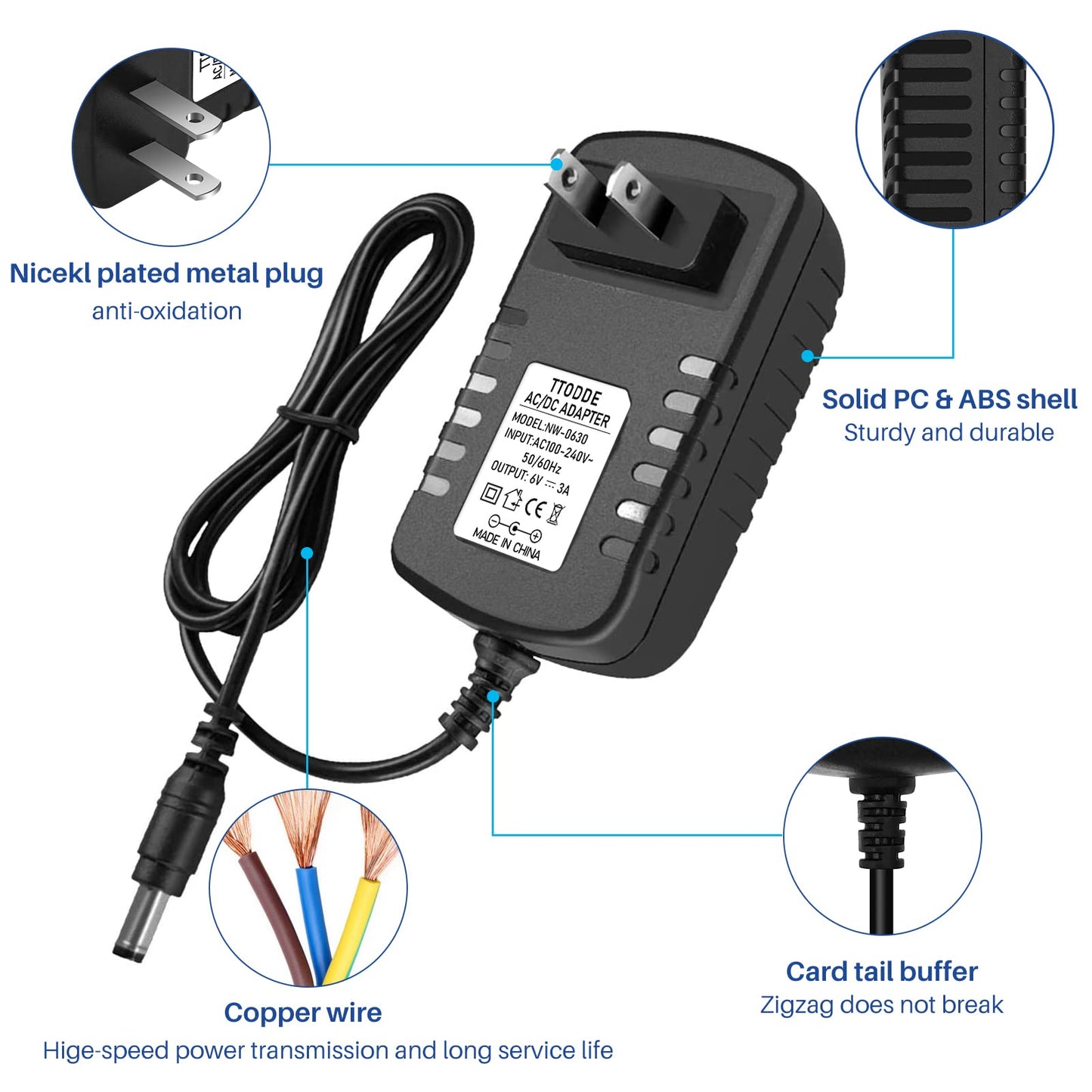 TTODDE AC/DC Adapter 6V 3A 2.5A 2A 1.5A 1A 800ma 500ma 300ma Power Adapter Supply 6V Power Cord 18W 100-240V 50-60Hz DC 6Volt 3000mA Power Supply…
