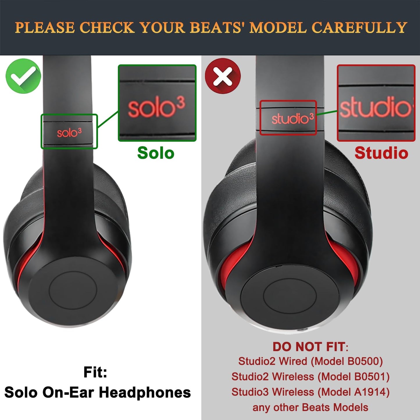 SoloWIT Ear Pads Replacement for Beats Solo 2 & Solo 3 On-Ear Headphones, Softer Protein Leather, Added Thickness - Black