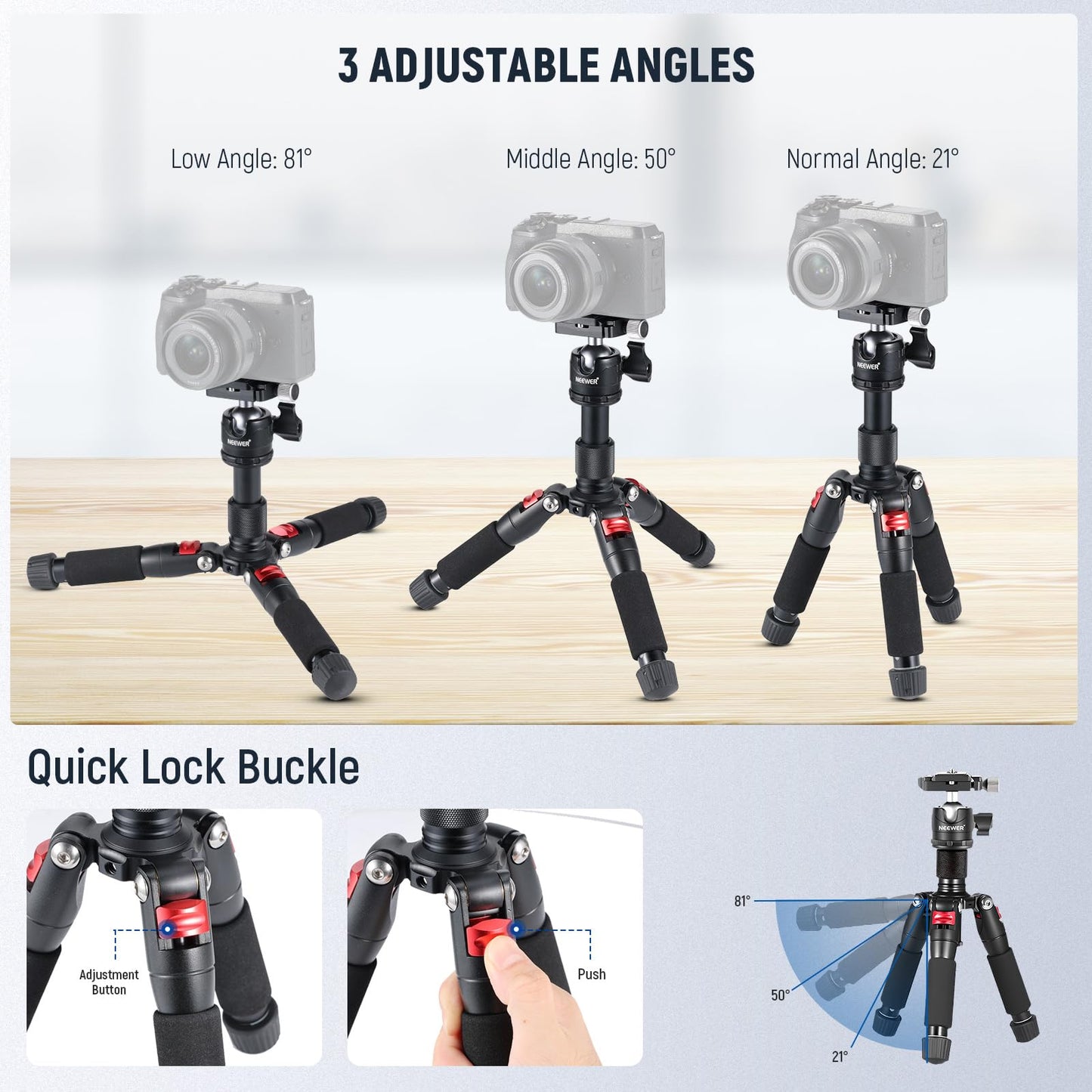NEEWER Portable Travel Mini Tabletop Tripod, Aluminum Alloy 20''/ 50cm Desktop Desk Tripod with 360 Degree Ball Head, 1/4" Quick Shoe Plate for DSLR