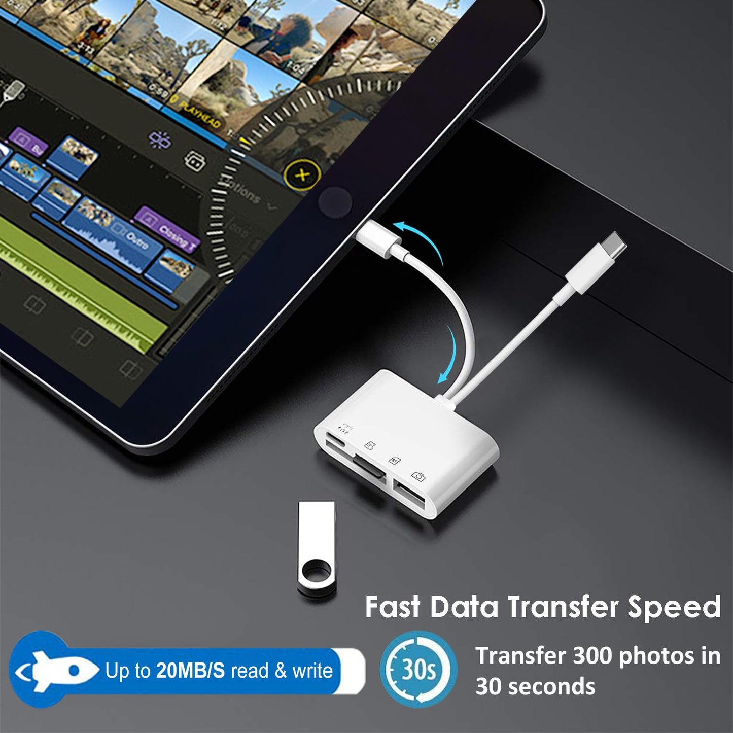SD Card Reader for iPhone/iPad/Android, USB C & Lightening to SD/MicroSD Card Reader with USB Camera Adapter, Memory Card Reader for iPhone 15/16/17