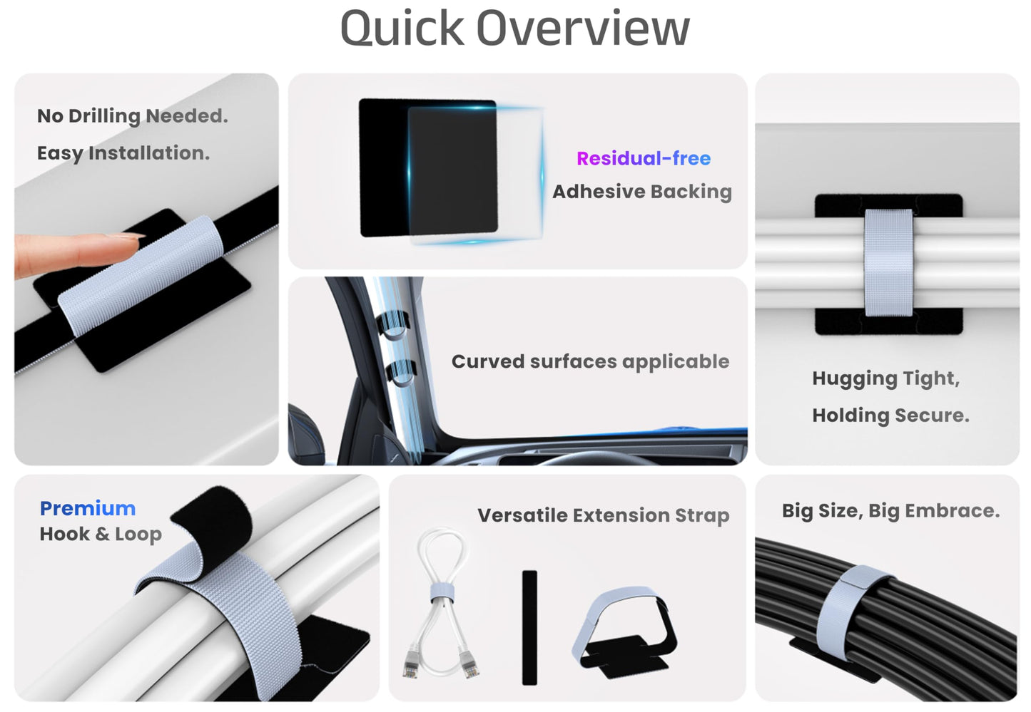 Under Desk Cord Management Straps, Adhesive-Backed Heavy-Duty Reusable Mounting Straps, Cable Management, Self Adhesive Hook and Loop Strap Set,