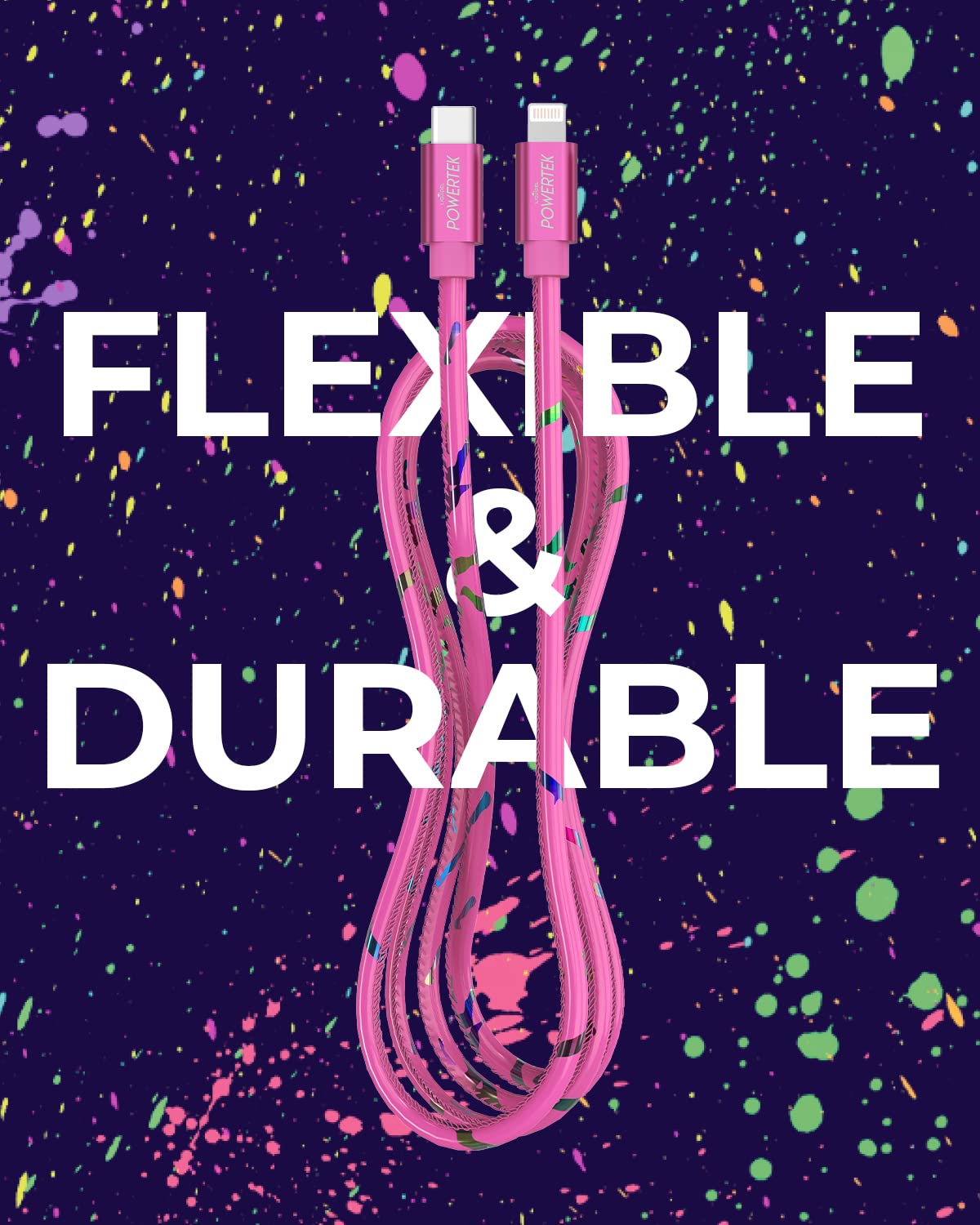 LIQUIPEL Powertek USB C to Lightning iPhone Charger Cable [MFI Certified], Fast Charging 6ft Cord, Neon Party (Pink)