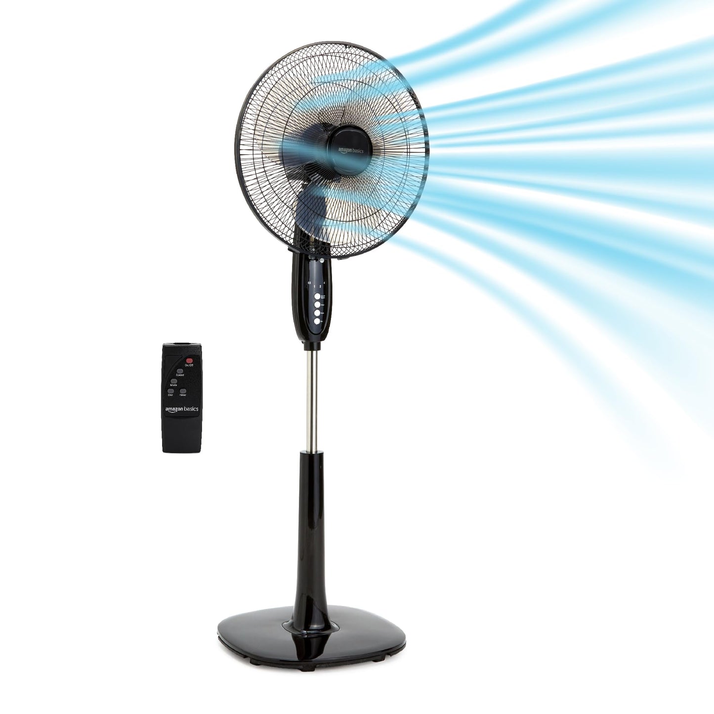 Amazon Basics 16" Pedestal Fan with Remote for Bedroom, Living Room, Office, Adjustable Height, Dual-Layered Blades, 3 Speeds, 3 Modes, Timer, Tilt