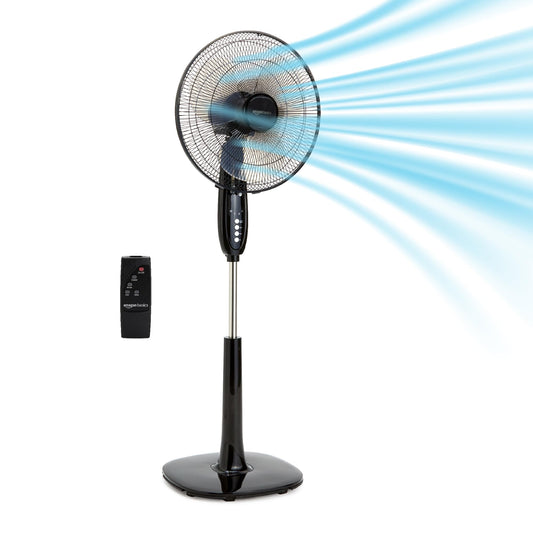 Amazon Basics 16" Pedestal Fan with Remote for Bedroom, Living Room, Office, Adjustable Height, Dual-Layered Blades, 3 Speeds, 3 Modes, Timer, Tilt
