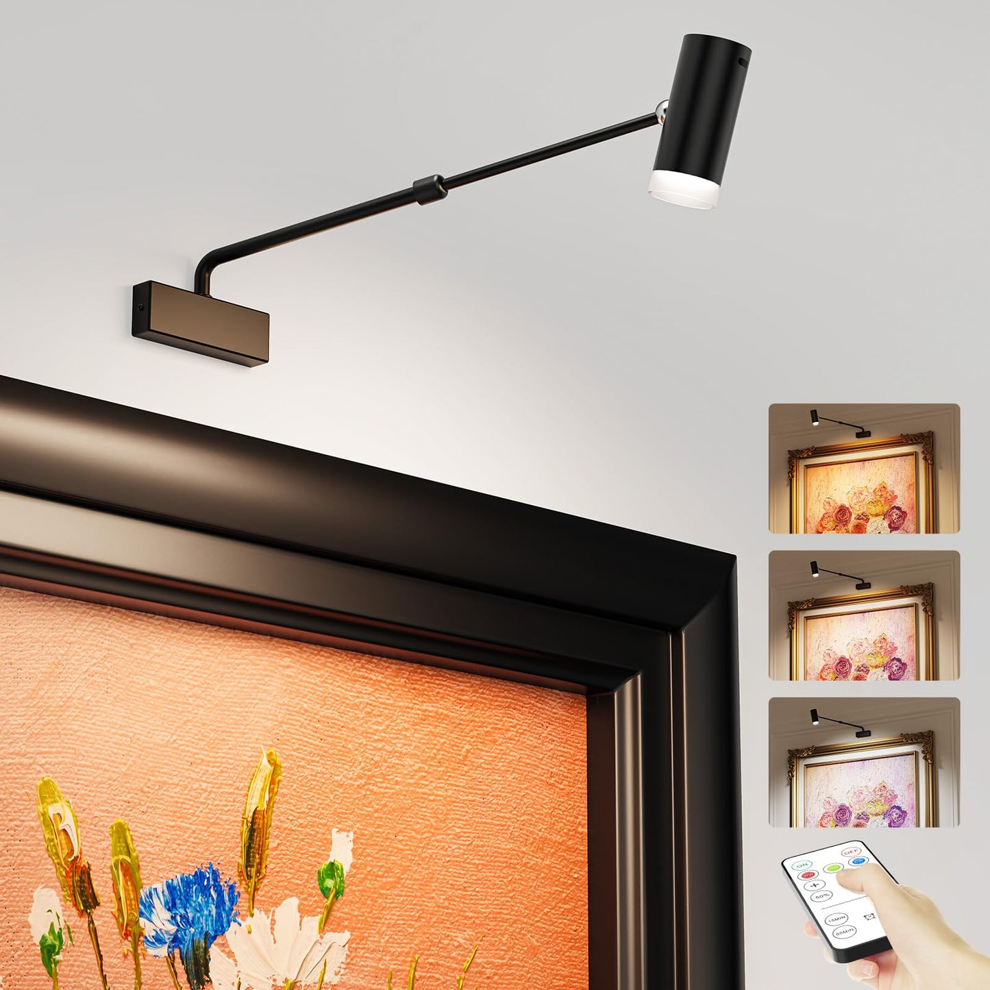 PESUTEN Battery Operated Picture Light, Adjustable Length Wireless Art Light for Paintings CCT Dimmable Rechargeable Picture Light with Remote Control