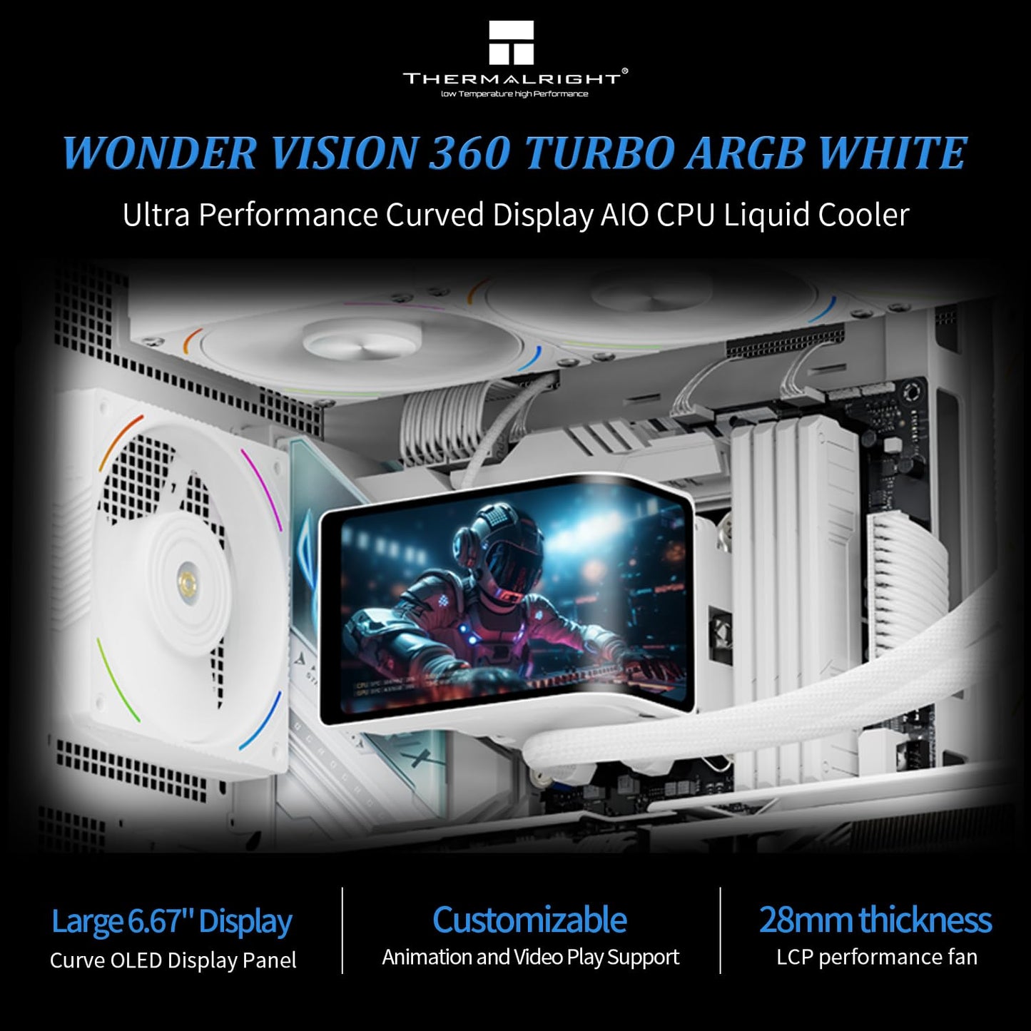 Thermalright Wonder Vision 360 Turbo ARGB White CPU Liquid Cooler,for AM5/Intel LGA1851/1700,6.67’’ 3D Curved Screen with 2400x1080