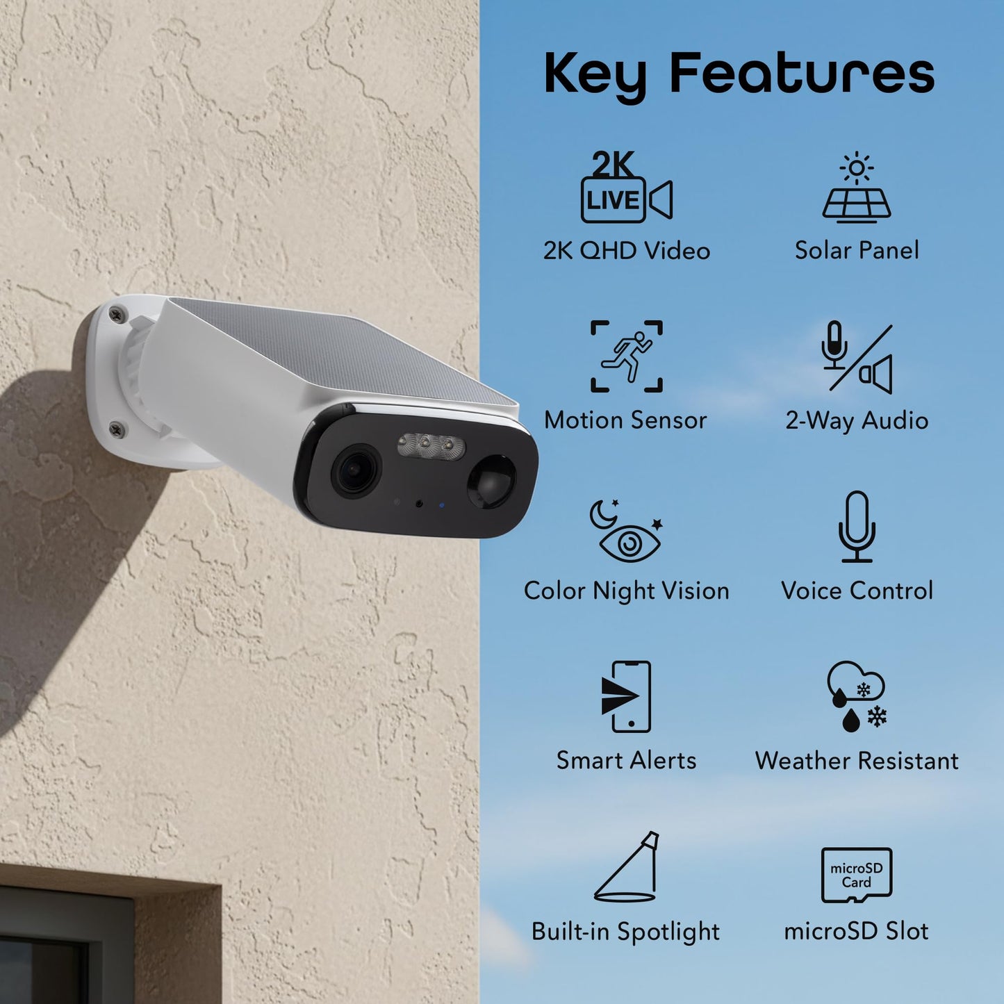 Geeni Falcon Smart Solar Battery Camera 2K+ - Outdoor Camera Wireless, Weather Resistant with Solar-Powered Battery, Motion Alerts, Color Night