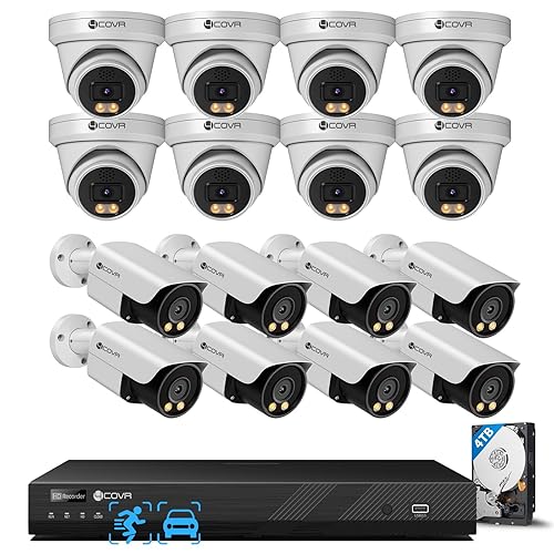 4COVR 4K 16 Channel Security Camera System PoE, 2-Way Audio Talk, AI Person Vehicle Detection & Smart Color Night Vision, UHD 4TB NVR, 8 Dome 8 Bullet