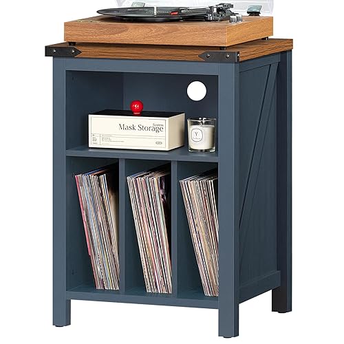 Joaxswe Record Player Stand with Vinyl Record Storage,Navy Blue Record Player Table Holds up to 160 Albums,Large Wood Turntable Stand Cabinet Dispaly