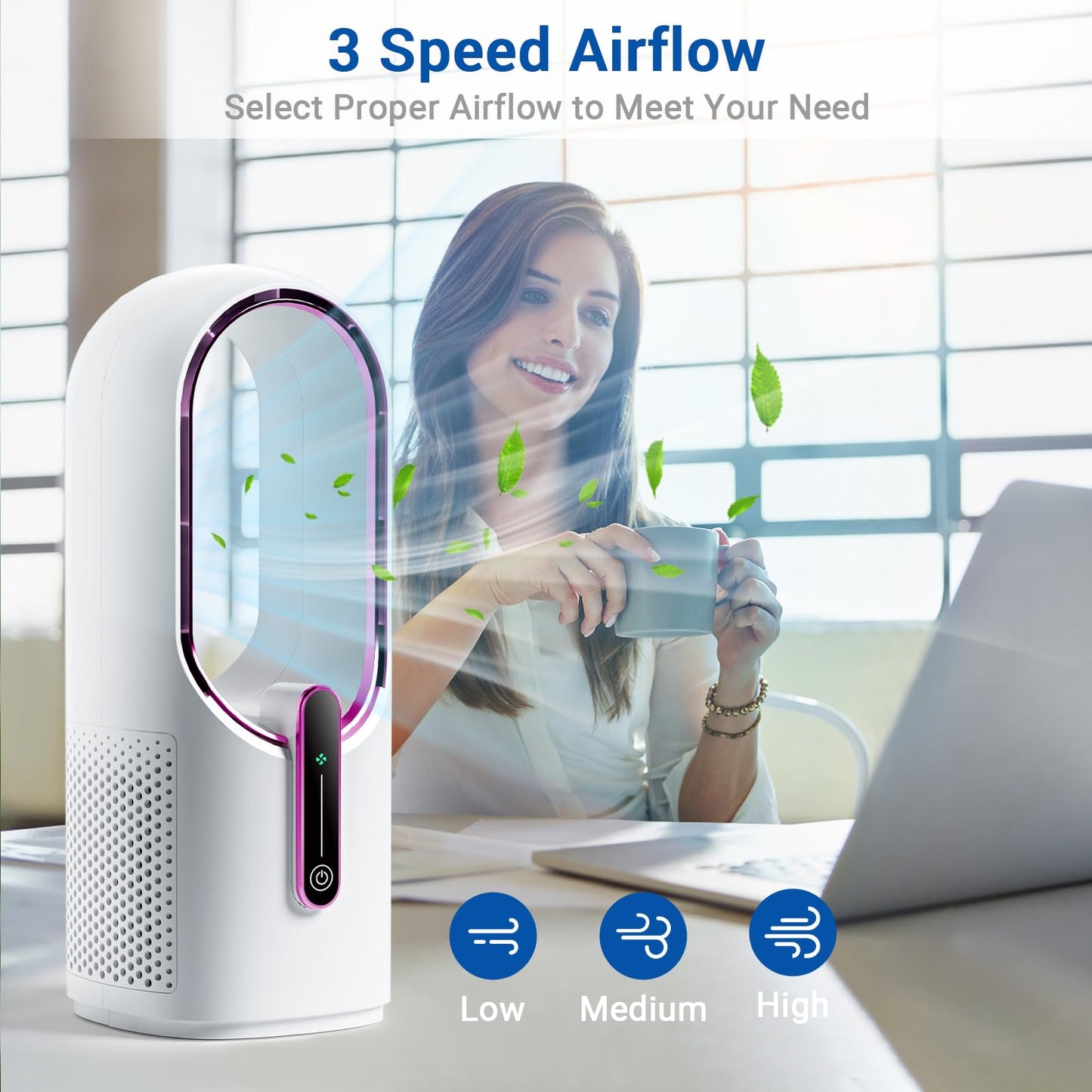 Bladeless Desk Fan, 11.8 Inch Small Rechargeable Fan, 30dB Quiet, 3 Speeds