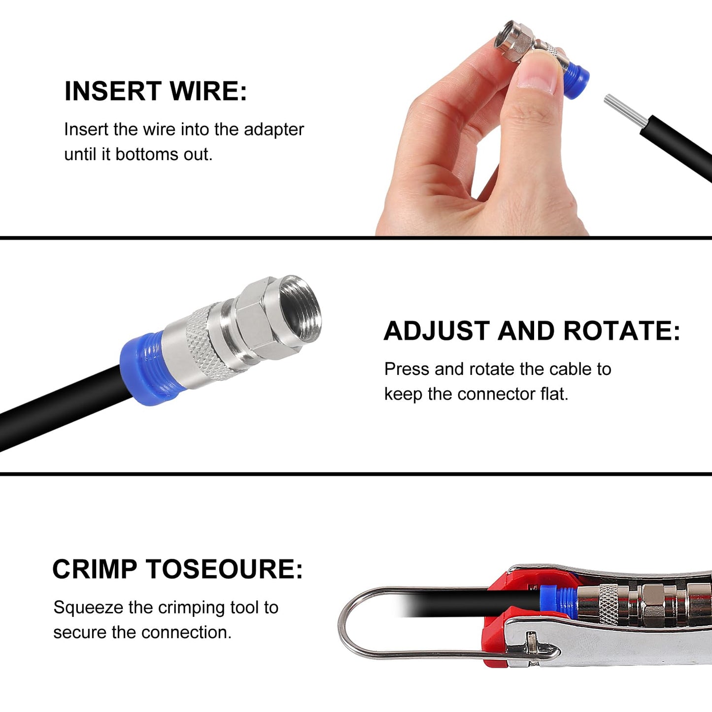 20Pcs F Type RG6 Compression Connectors Coaxial Cable Crimper Kit with Wire Stripper Repair Tool Compatible with RG59, RG6, RG11 Compatible Adjustable