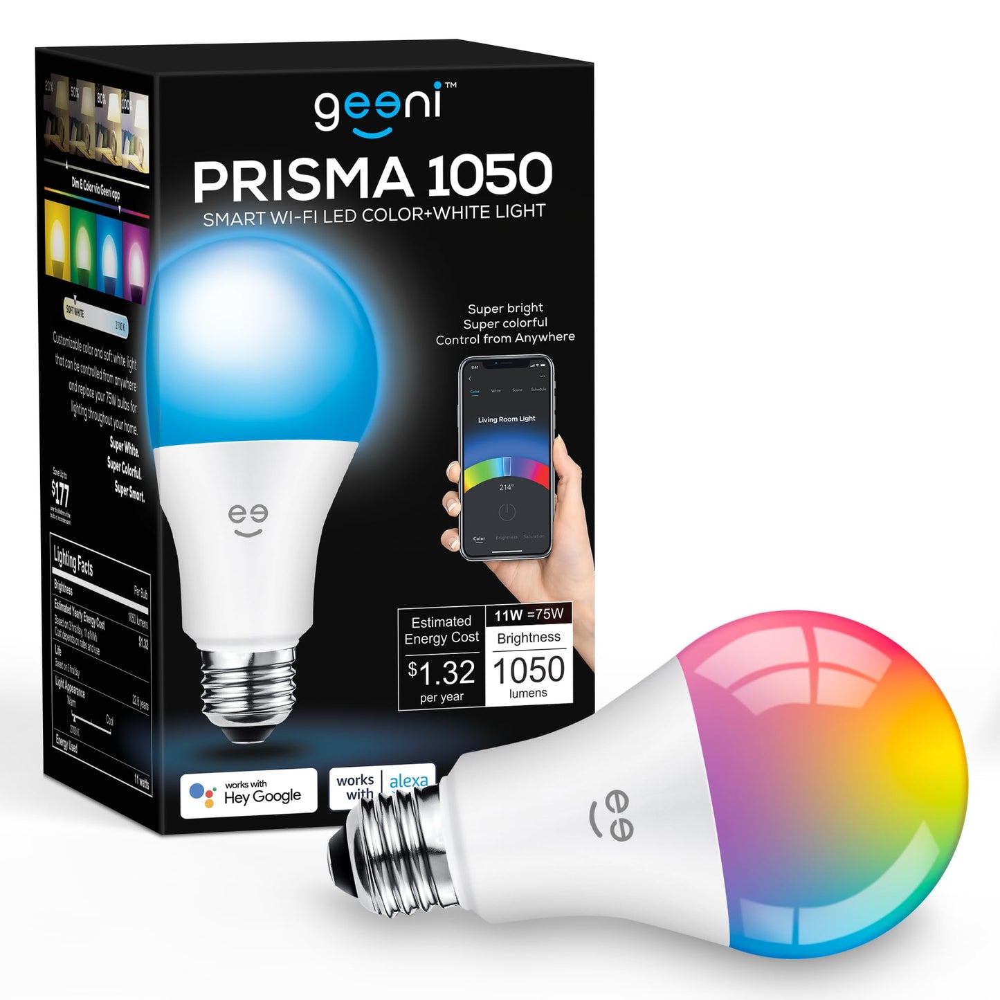 Geeni Prisma 1050 Wi-Fi LED Light Bulb, Multicolor (2700K), Dimmable A21