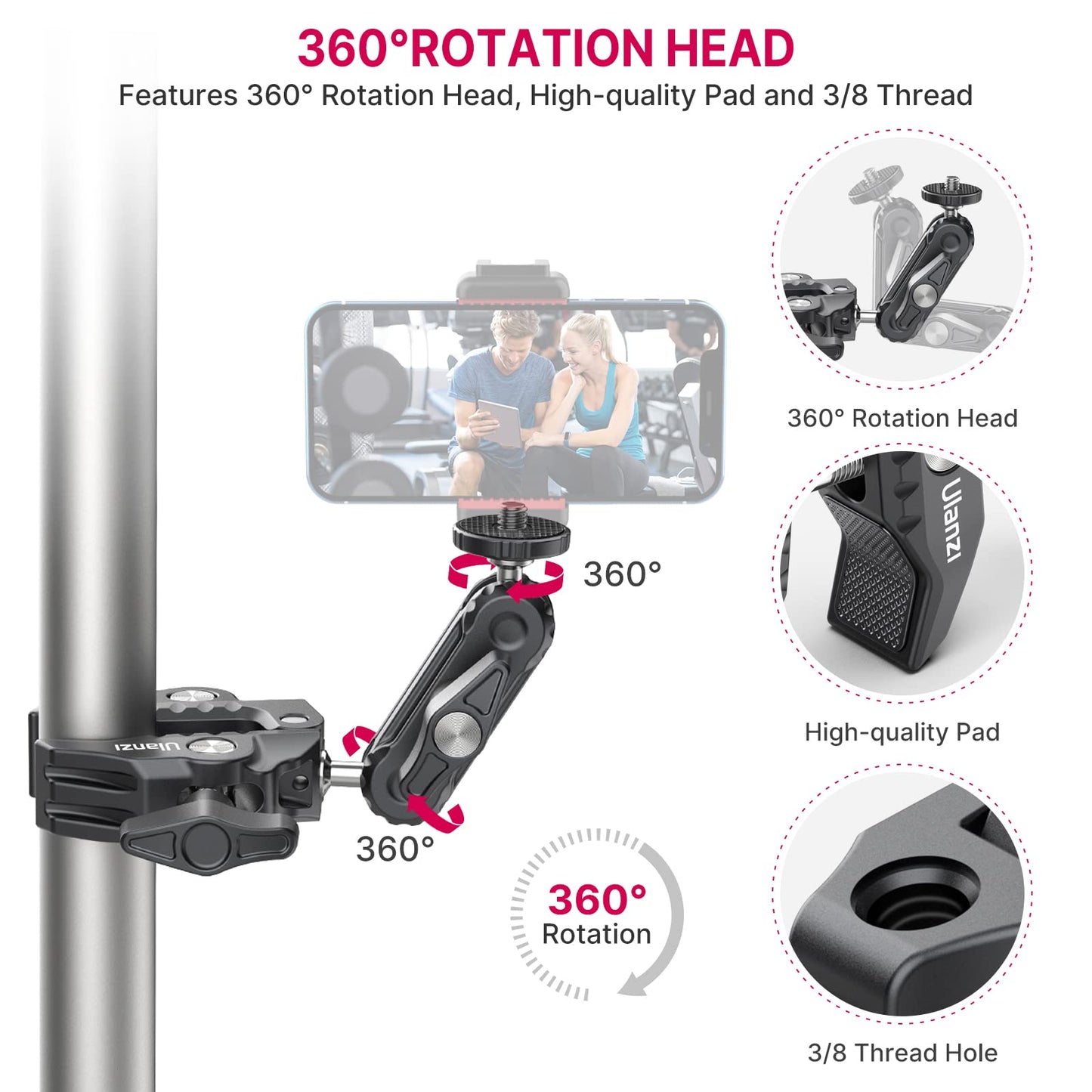 ULANZI Super Clamp Camera Clamp Mount Monitor 360° Ballhead Magic Arm Double Ball Head Adapter with 1/4"-20 & 3/8"-16 Thread ST-07 Phone Tripod Mount
