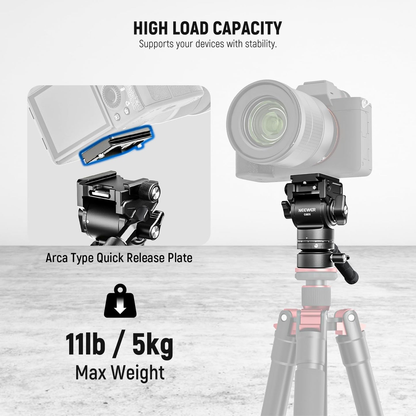 NEEWER Tripod Fluid Head with +/-7° Leveling Base (?48mm), Metal Mini Pan Tilt Video Head Mount with Arca Type QR Plate, Telescopic Handle for Compact