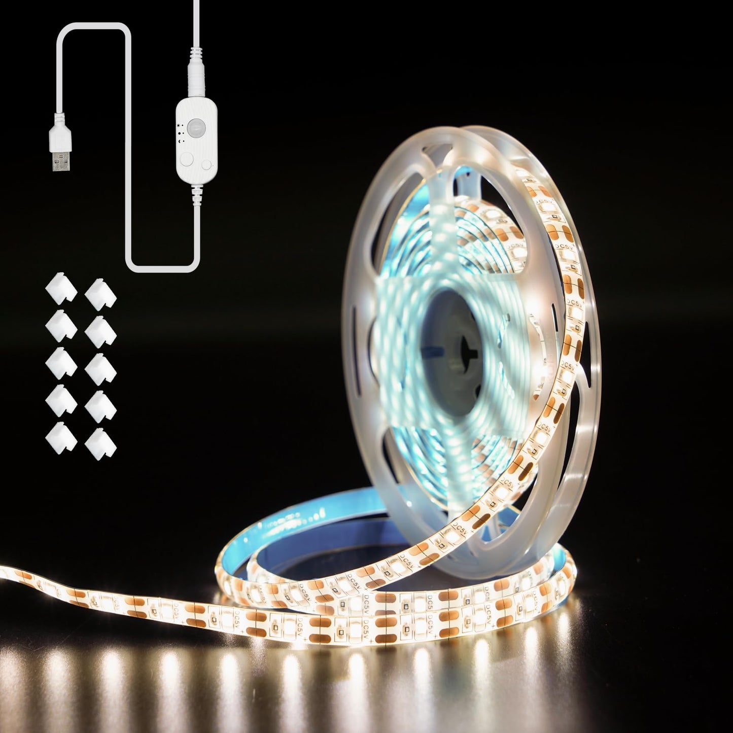 Xuuza Motion Sensor LED Light Strip, Strip Light USB Powered 16.4ft, Day Night Modes & Dimming Brightness, Adhesive Tape 5V Free Cutting Rope Lights