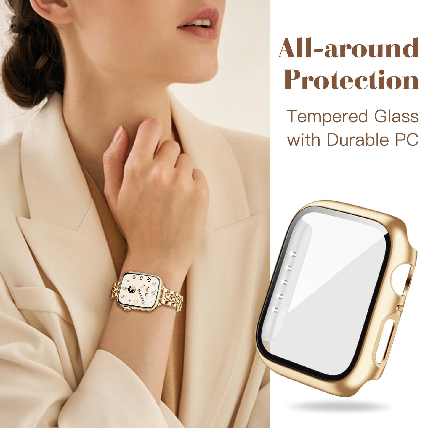 Melyis Slim Metal Band with Case Fits Apple Watch Bands for Women 41mm, Thin Stainless Steel iWatch Bands Women, Dressy Band for Apple Watch