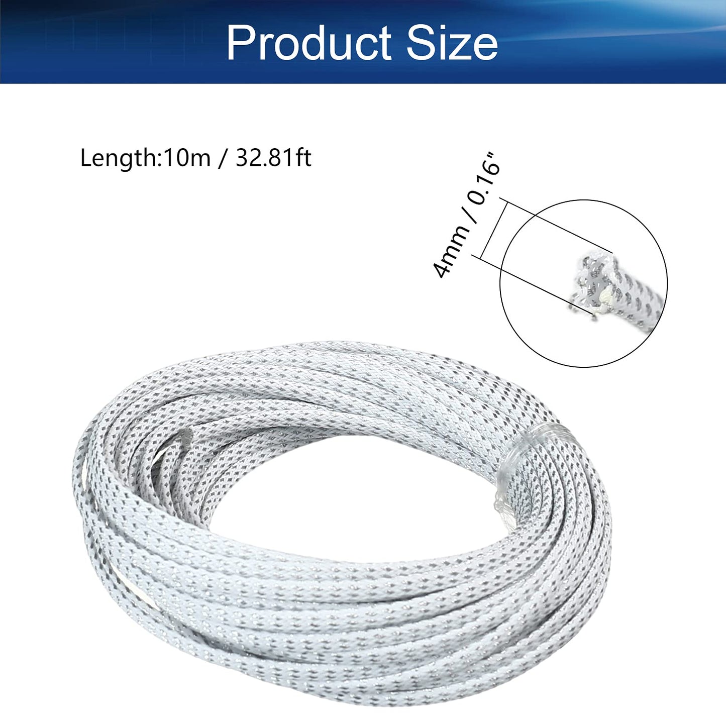 Bettomshin 1Pc 32.8Ft(10m) Cable Management Sleeve, 3/16"(4mm) Width PET Silver & White Cord Protector, Wire Loom Tube Insulated Split Sleeving