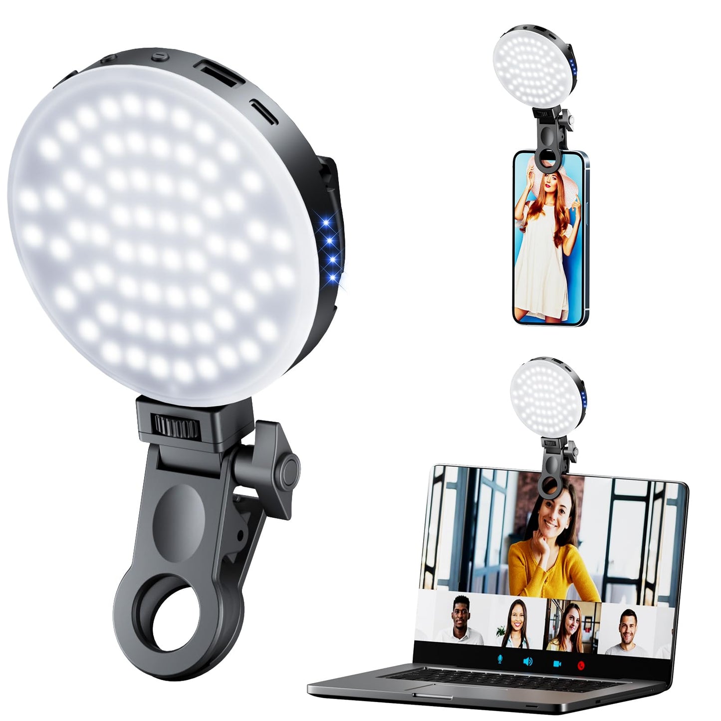 Selfie Light Clip with 68 LED, 3 Modes & 10-Level Brightness for Phone, iPad, Laptop - Rechargeable, Front & Back Clips for TikTok, Makeup, Vlog