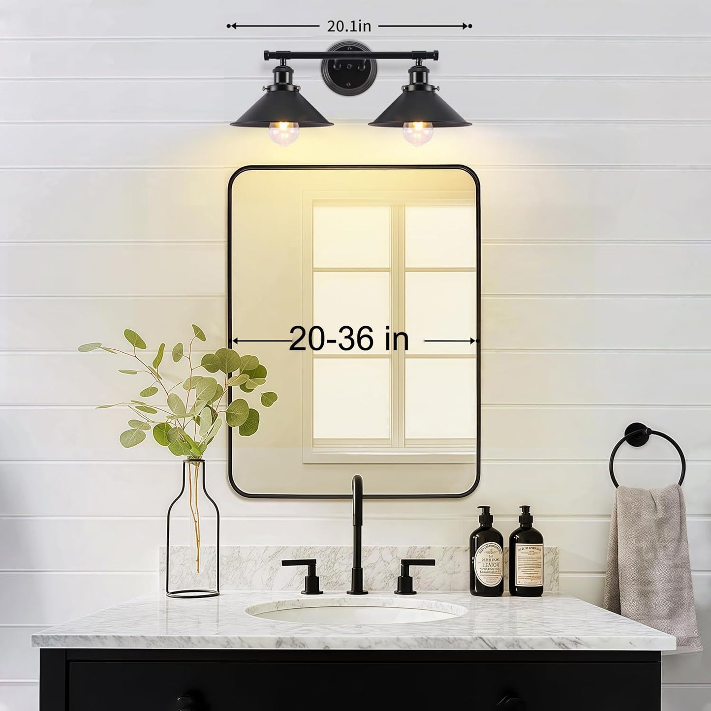 Black Bathroom Light Fixture 2-Light Matte Black Farmhouse Vanity Lights for Bathroom Light Fixtures, 20" Rustic Industrial Wall Sconce Vanity
