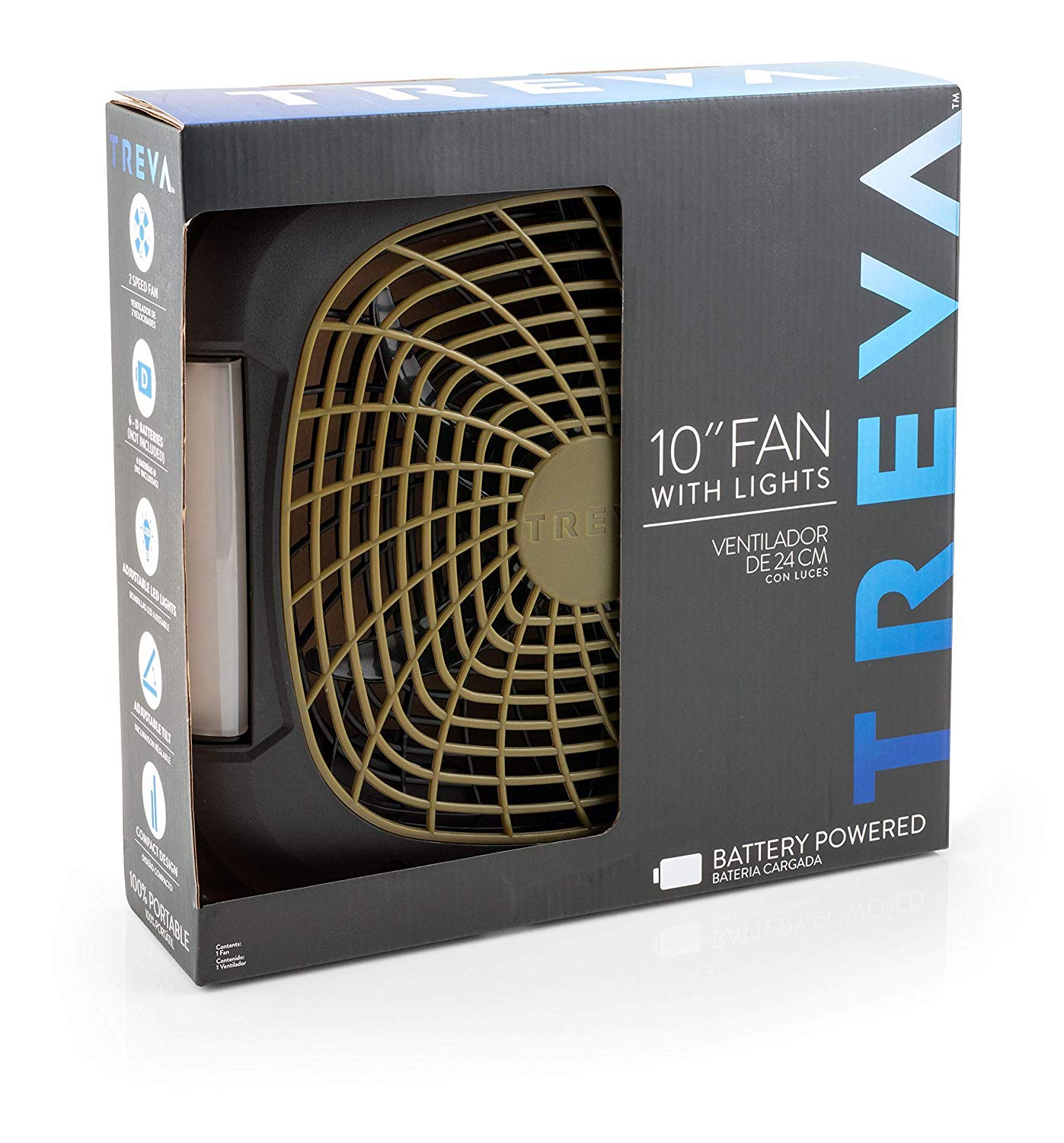 O2COOL Treva 10 in Portable Fan with LED Lights Battery AC Powered 2-Speed