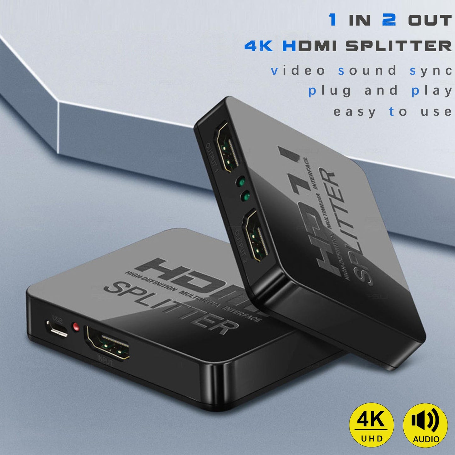 4K HDMI Splitter 1 in 2 Out Mirror Display Not Expand, Dual HDMI Splitter Hub to Dual Monitors Multi-Scree Displays Audio Synchronization, Compatible
