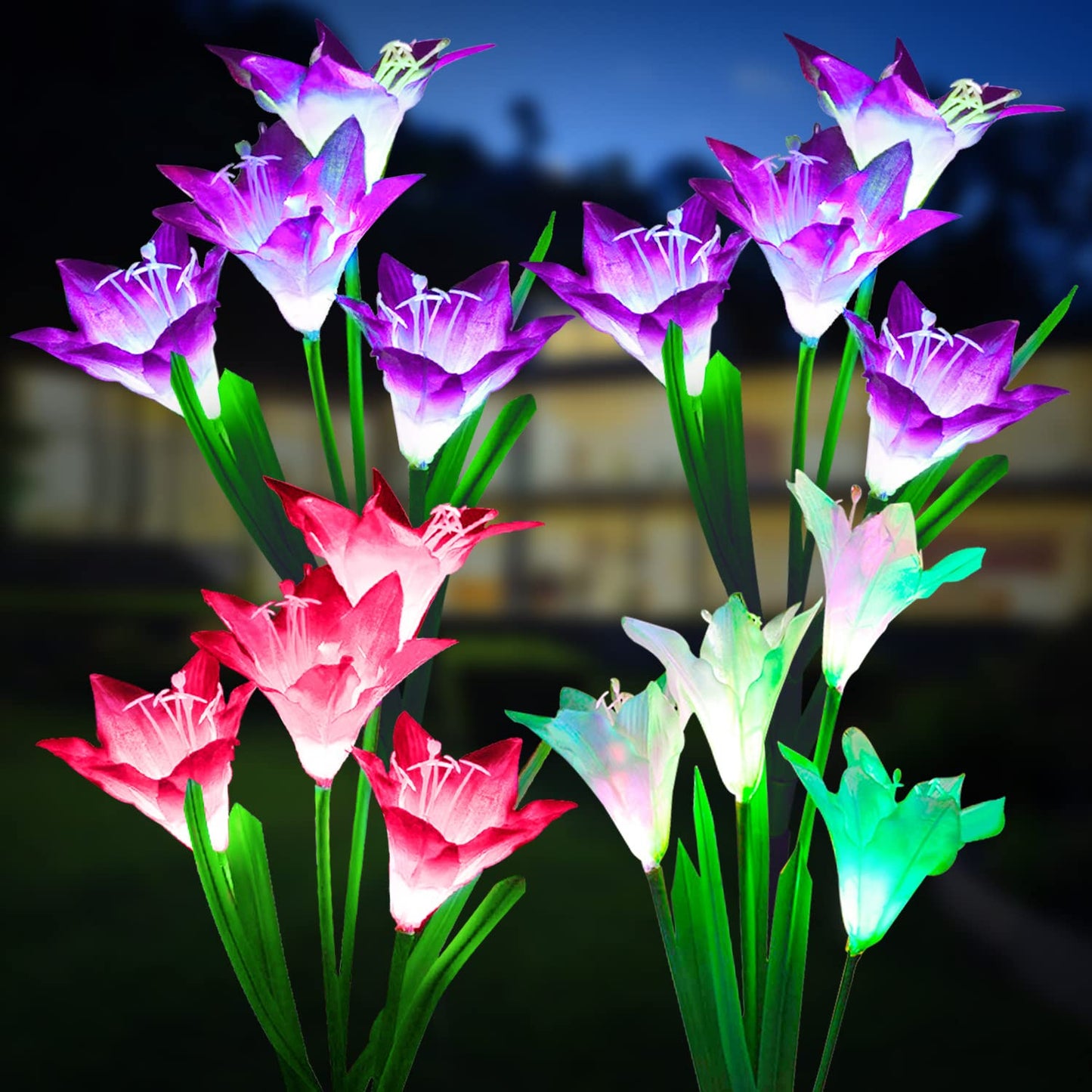 KOOPER Outdoor Solar Lights, 4 Pack Solar Garden Light with Bigger Lily Flowers, Waterproof 7 Color Changing Solar Lights Outdoor - Bigger Panel