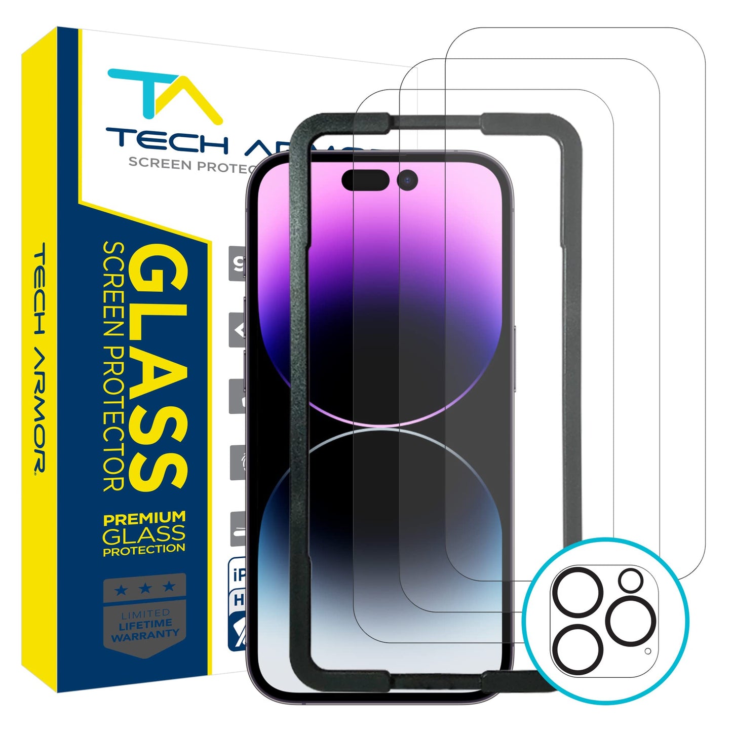 Tech Armor 3 Pack Screen Protector + 1 Camera Lens Protector for iPhone 14 Pro 6.1 inch - Ballistic Tempered Glass, Case Friendly, Dynamic Island