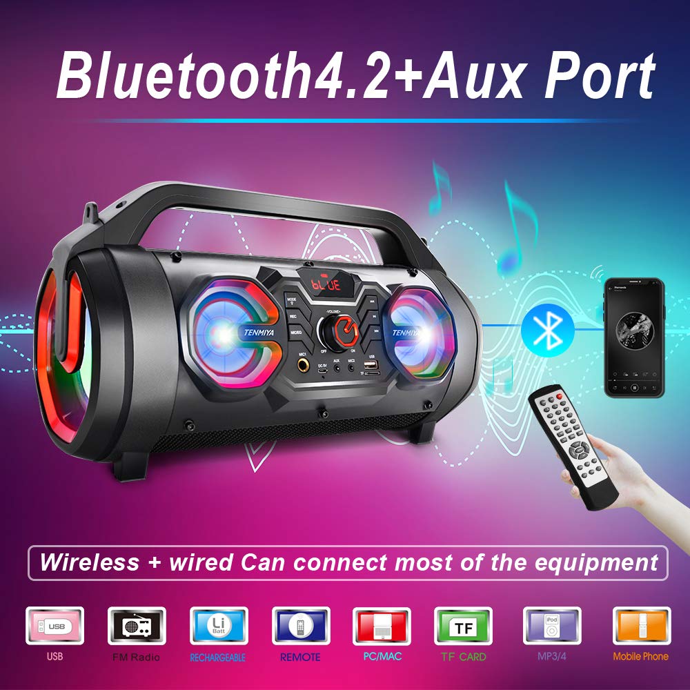 Portable Bluetooth Speaker with Subwoofer, Wireless Speakers with Booming Bass, FM Radio, RGB Lights, EQ, Stereo Sound, 10H Playtime, 30W Loud Speaker