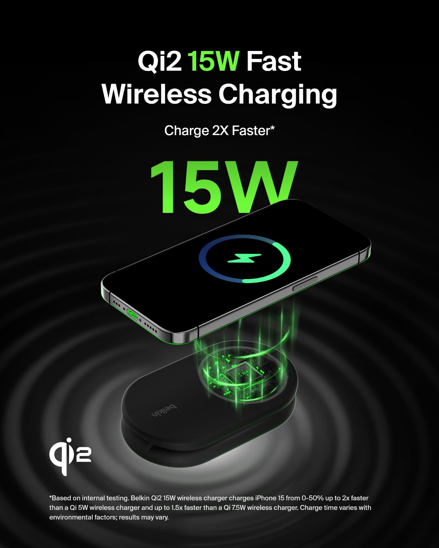 Belkin MagSafe-Compatible Charger, 2-in-1 Magnetic Foldable Charger 15W - Qi2-Certified Wireless Charging for Apple iPhone 16, Apple Watch, Samsung