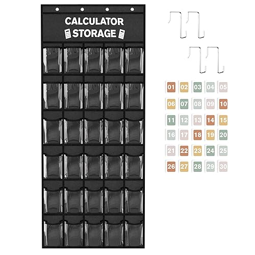 30-Pocket Calculator Holder for Classroom, Hanging Calculator Pocket Chart with Clear PVC Pockets & Numbered Stickers, Calculator Storage Organizer