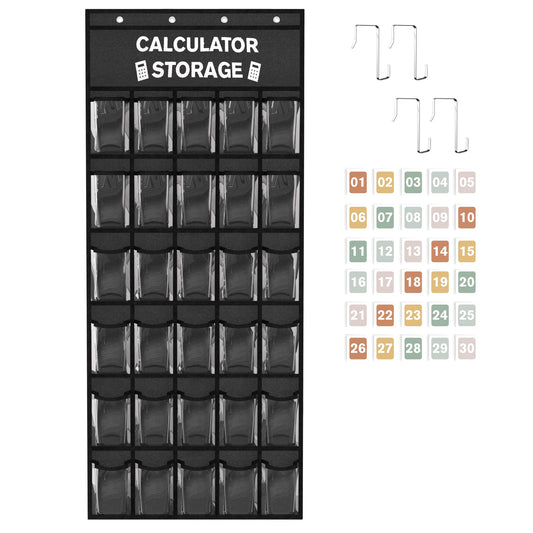 30-Pocket Calculator Holder for Classroom, Hanging Calculator Pocket Chart with Clear PVC Pockets & Numbered Stickers, Calculator Storage Organizer