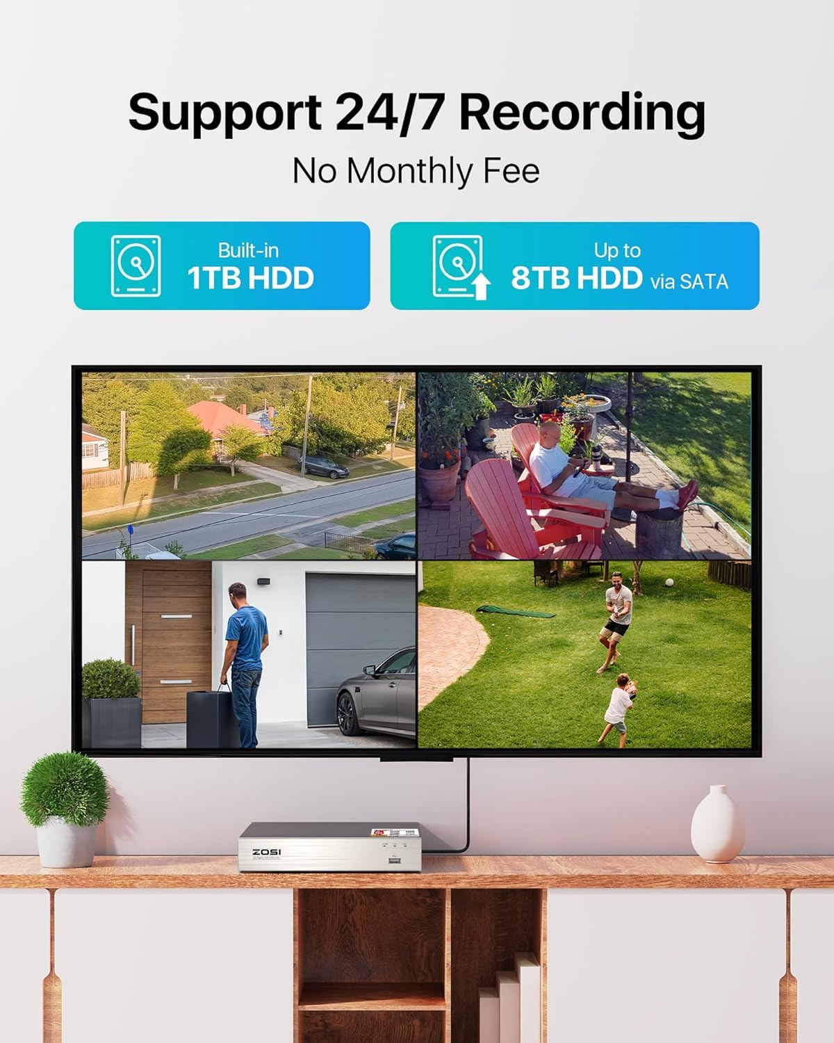 ZOSI 3K Lite Security Camera System with 1TB Hard Drive,AI Human/Vehicle Detection,Night Vision,H.265+ 8Channel HD TVI DVR Recorder,4pcs 1080P HD