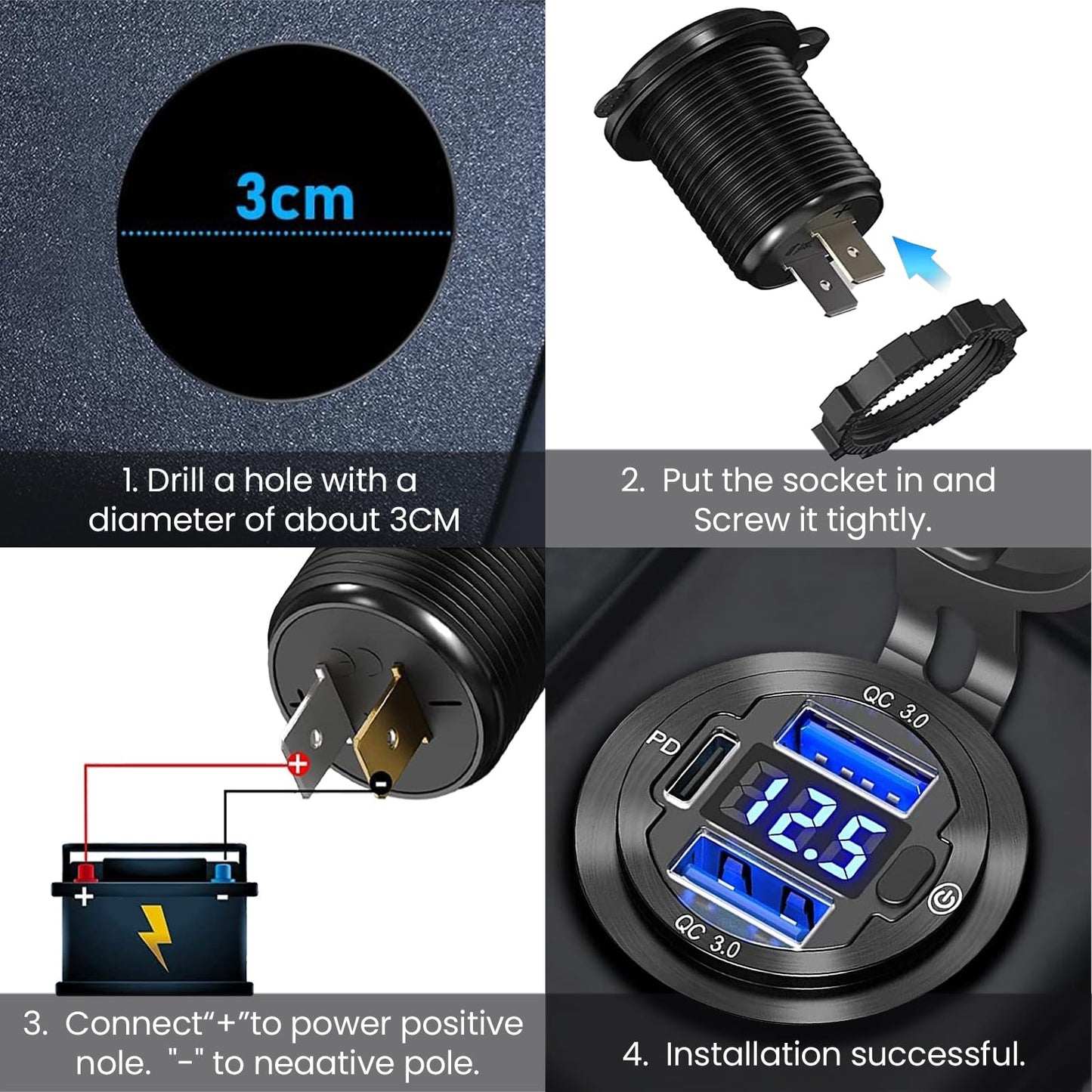 12V USB Car Socket, 3-Port Marine Aluminum USB Quick Charge Waterproof Cigarette Round USB C 12V Outlet for Car Golf Cart Boat Marine Bus Truck RV