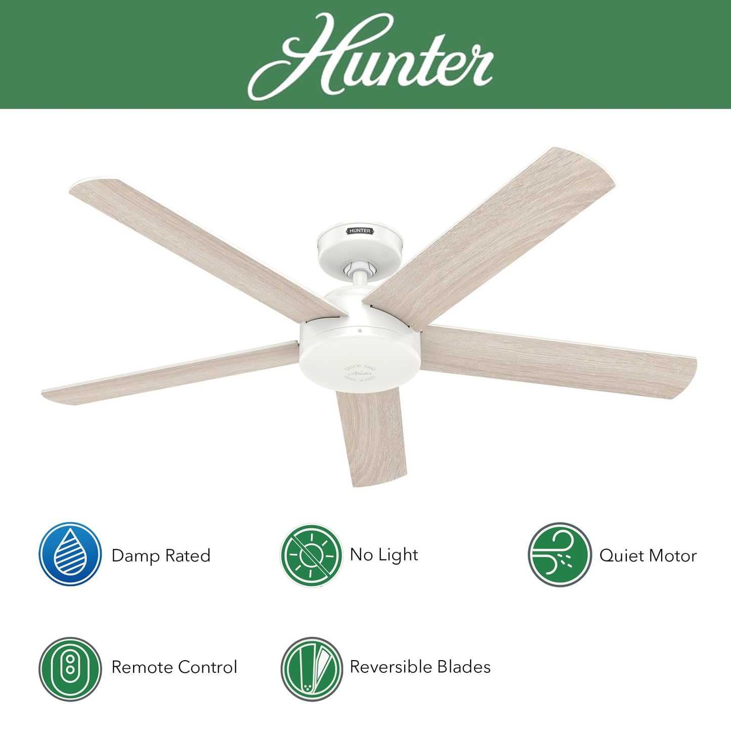 Hunter Fan Outdoor or Indoor Ceiling Fan, 52 in White Ceiling Fan No Light with Remote Control for Patios, Living Room, Bedroom, Porch, Garage