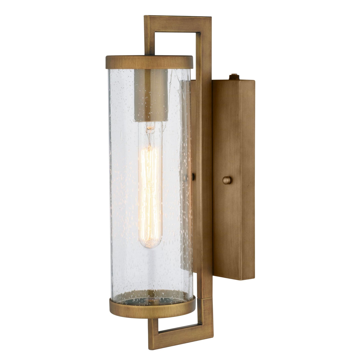 VAXCEL Morgan Park 16 in. H 1-Light Warm Brass Dusk to Dawn Sensor Gold Outdoor Wall Sconce, Durable Steel, Clear Seeded Glass Shade, LED Compatible